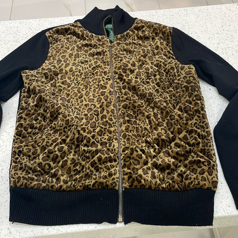 LAUREN RALPH LAUREN Sweater Cardigan Leopard Quilted Velvet Black size med